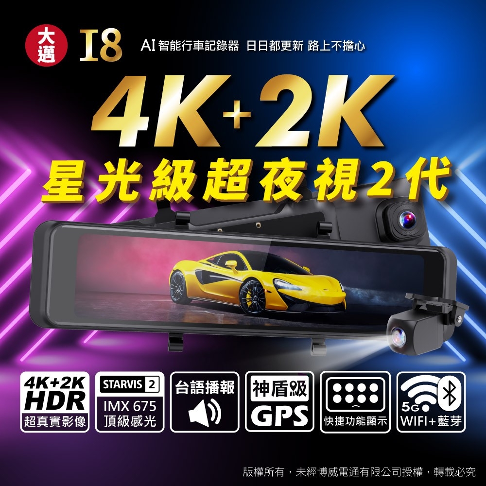 I8 4K+2K HDR 電子後視鏡 SONY STARVIS 2 汽車AI行車記錄器 (贈128G記憶卡)