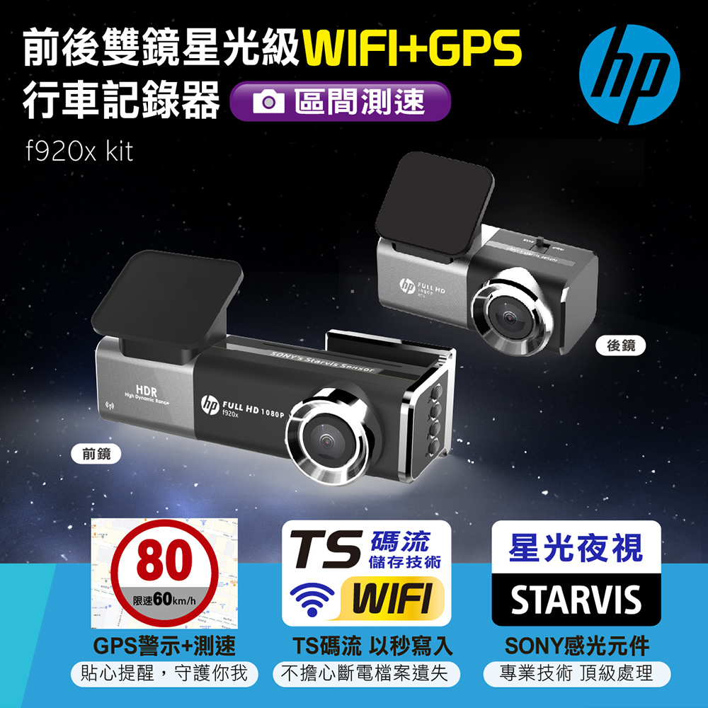 HP 惠普前後雙鏡星光級WIFI+GPS行車記錄器f920x kitGPS警示測速定點