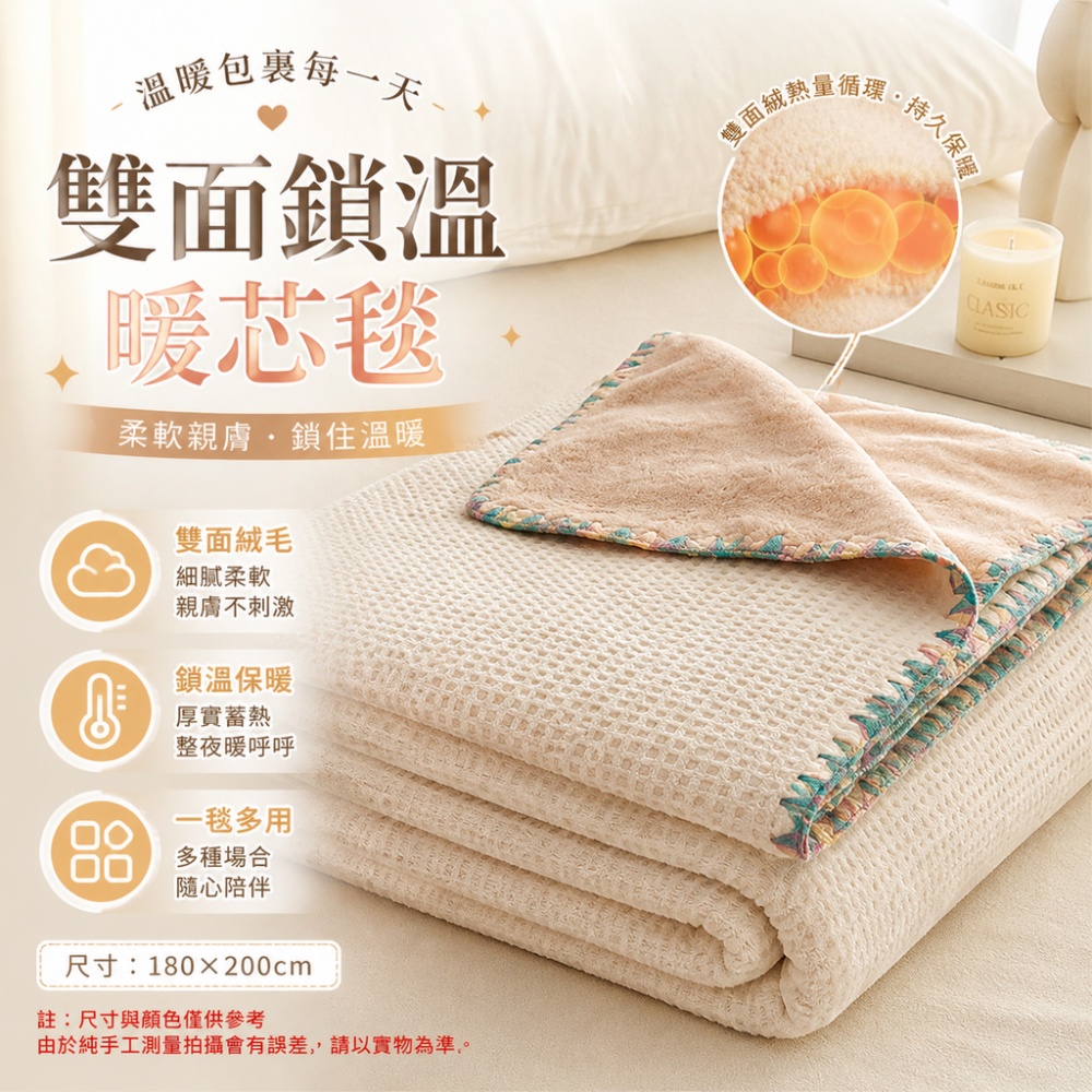 【硯禾】毛毯 牛奶絨雙面毛毯 A 面華夫格 B 面牛奶絨 柔軟親膚保暖蓋毯 辦公室午睡毯沙發毯 180*200cm