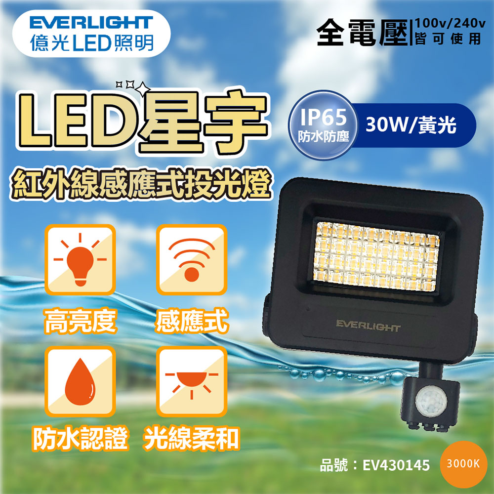 EVERLIGHT 億光 【1入】LED 星宇 30W 3000K 黃光 紅外線 感應投光燈 全電壓