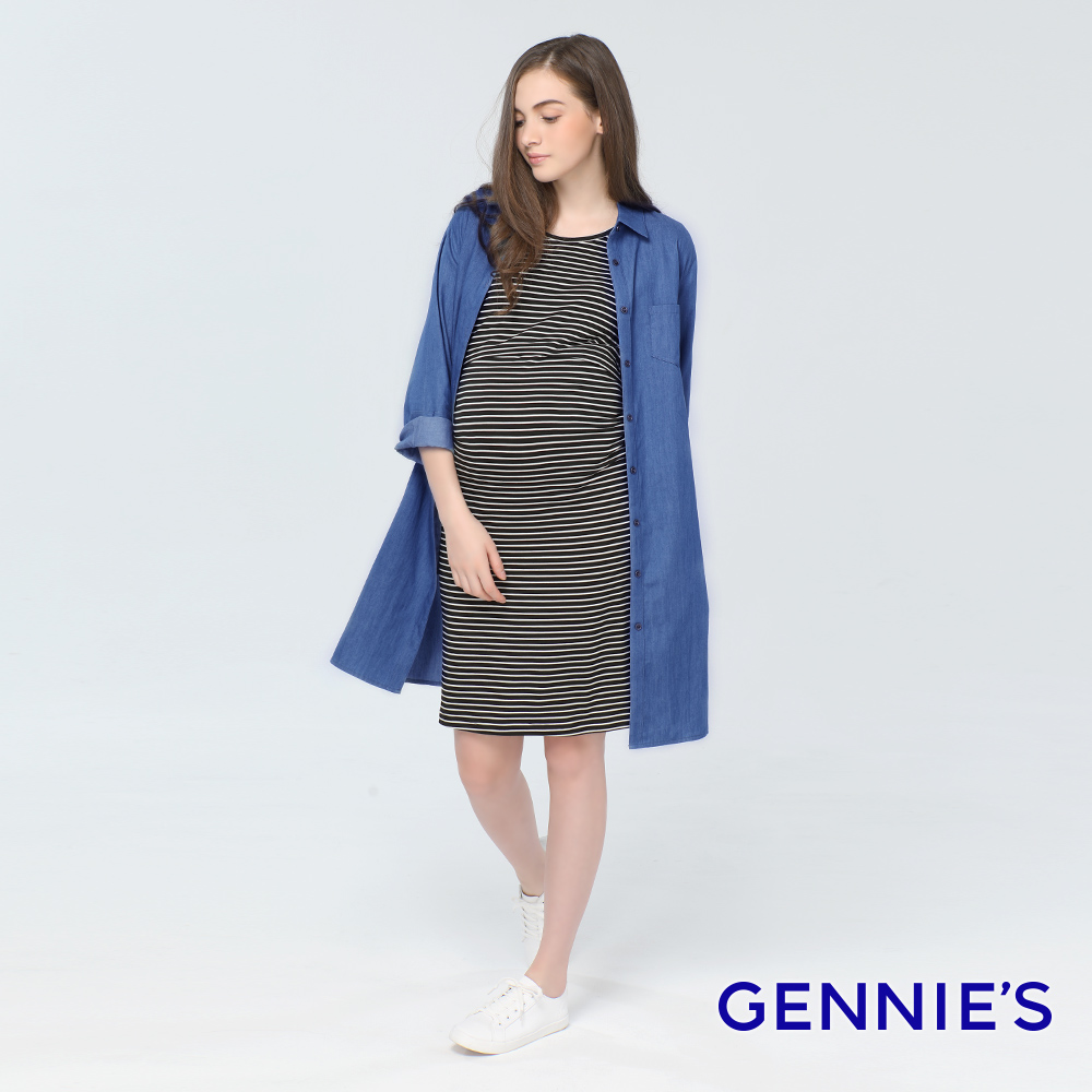 Gennies 奇妮 經典牛仔款長版襯衫洋裝/外套(深藍)