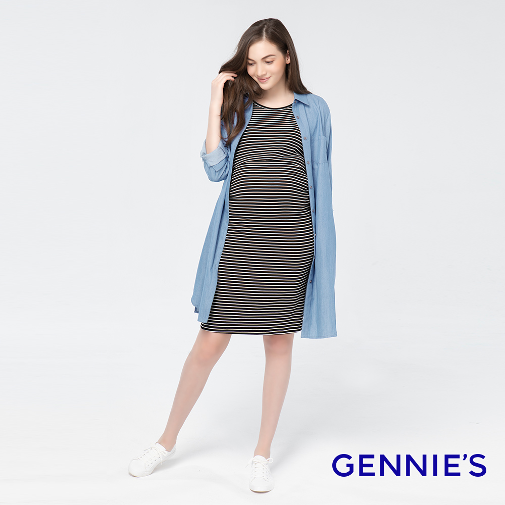 Gennies 奇妮 經典牛仔款長版襯衫洋裝/外套(淺藍)