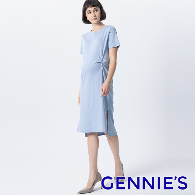 Gennies 奇妮 絲光純色扭結洋裝(藍)