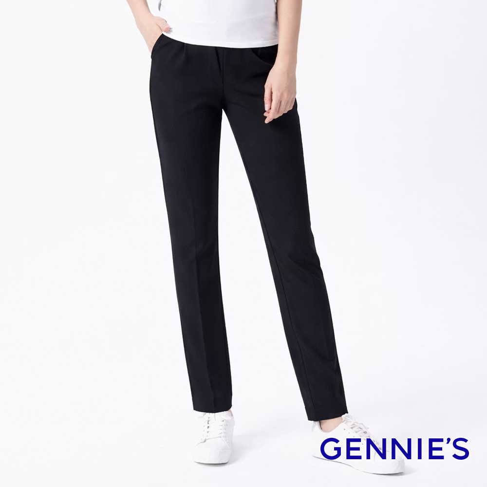 Gennies 奇妮 親膚修身長褲-黑(孕婦褲 上班族 OL 彈力 前雙口袋 一體成型 無痕褲頭)