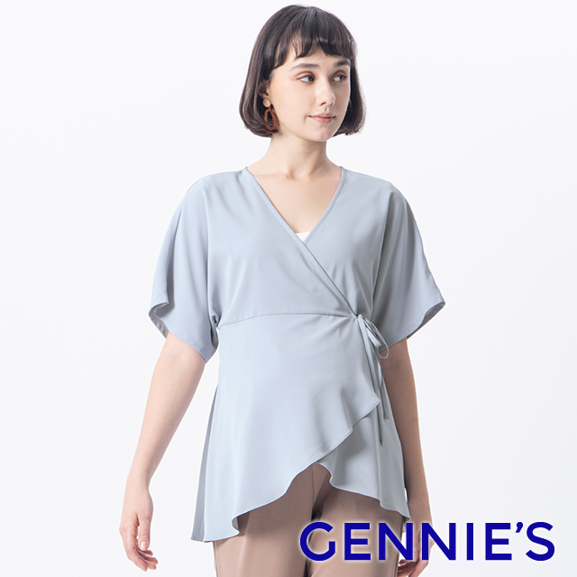 Gennies 奇妮 假兩件式雪紡哺乳上衣(灰藍)