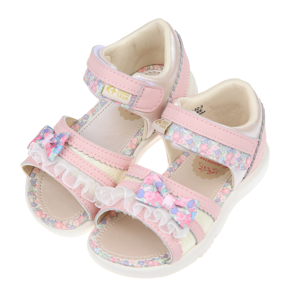 《布布童鞋》Moonstar日本花繪蝴蝶結粉紅色兒童機能涼鞋(15~19公分) [ I2H154G ]