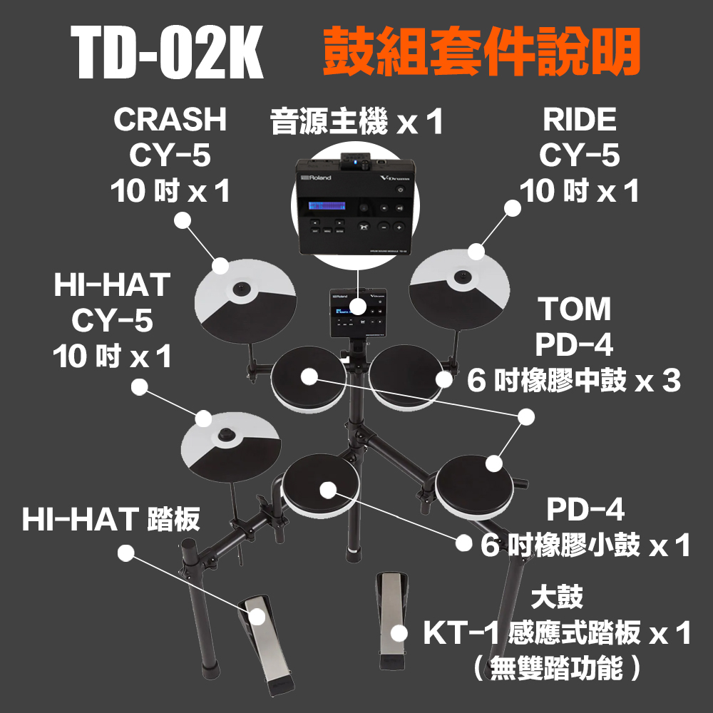 Roland 樂蘭TD-02K 電子鼓+入門配套組- 鼓椅、鼓毯、鼓棒(原廠公司貨