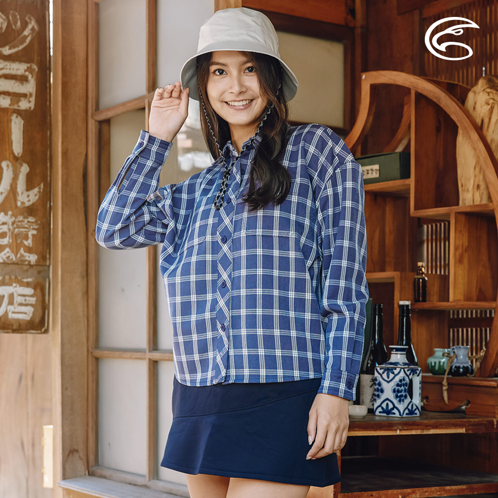 ADISI 女透氣快乾寬版格紋長袖襯衫AL2321078 / 牛仔藍