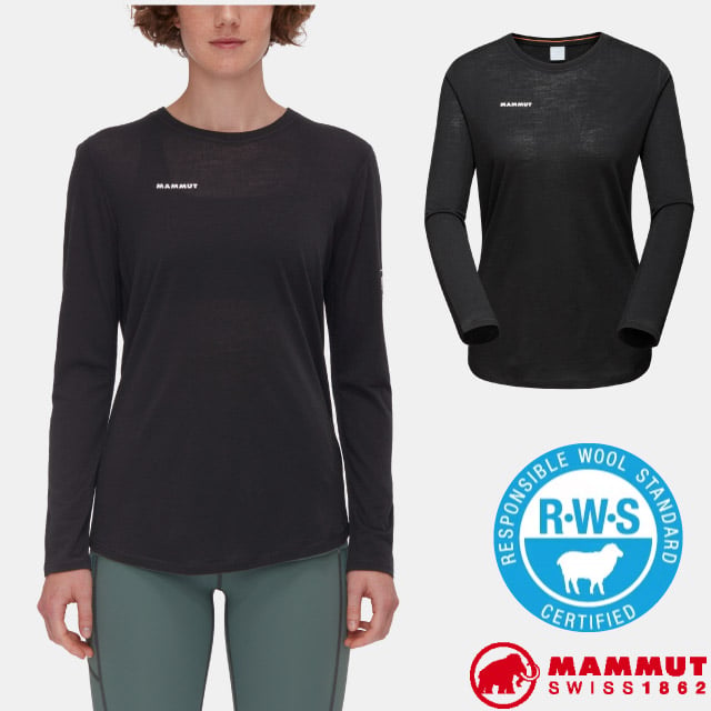 MAMMUT 長毛象 女 Tree Wool FL Longsleeve Women 羊毛混紡快乾抗臭長袖T恤.休閒/美麗諾羊毛/1016-01700-0001 黑色