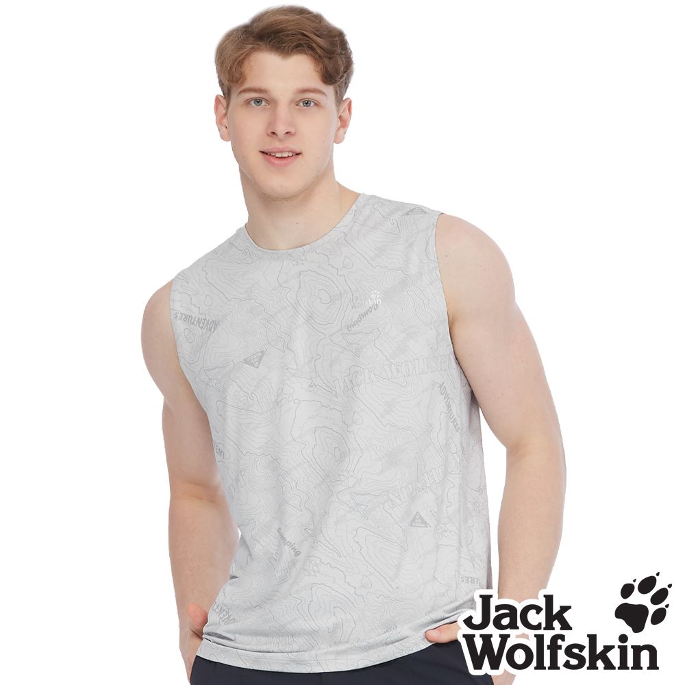 Jack Wolfskin 男 涼感抗菌圓領無袖排汗衣 寬版背心 探險等高線印花『淺灰』