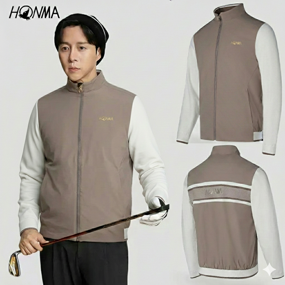 HONMA 本間高爾夫 男款拉鍊拼接外套 2025秋冬新款 日本高爾夫專業品牌(M~XXL 棕色HMLQ302R115)