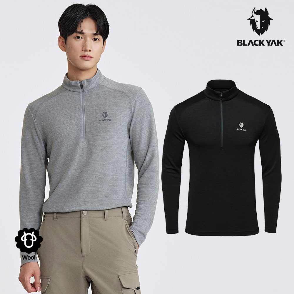 BLACKYAK 男 WOOL BLENDED長袖半開襟(麻花灰/黑色)-美麗諾羊毛 吸濕快乾 保暖上衣-BYDB2MC907