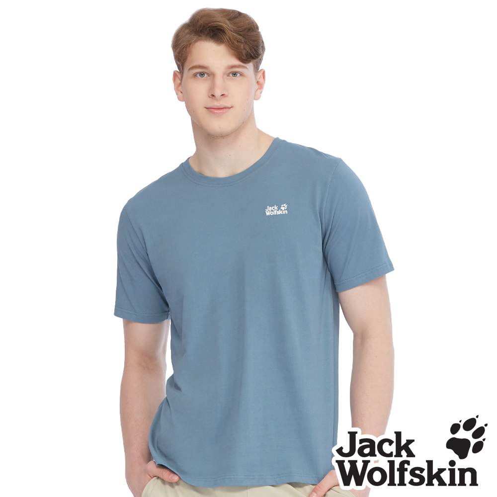 Jack Wolfskin 男 涼感棉 圓領短袖排汗衣 LOGO圖騰印花 『湖藍』
