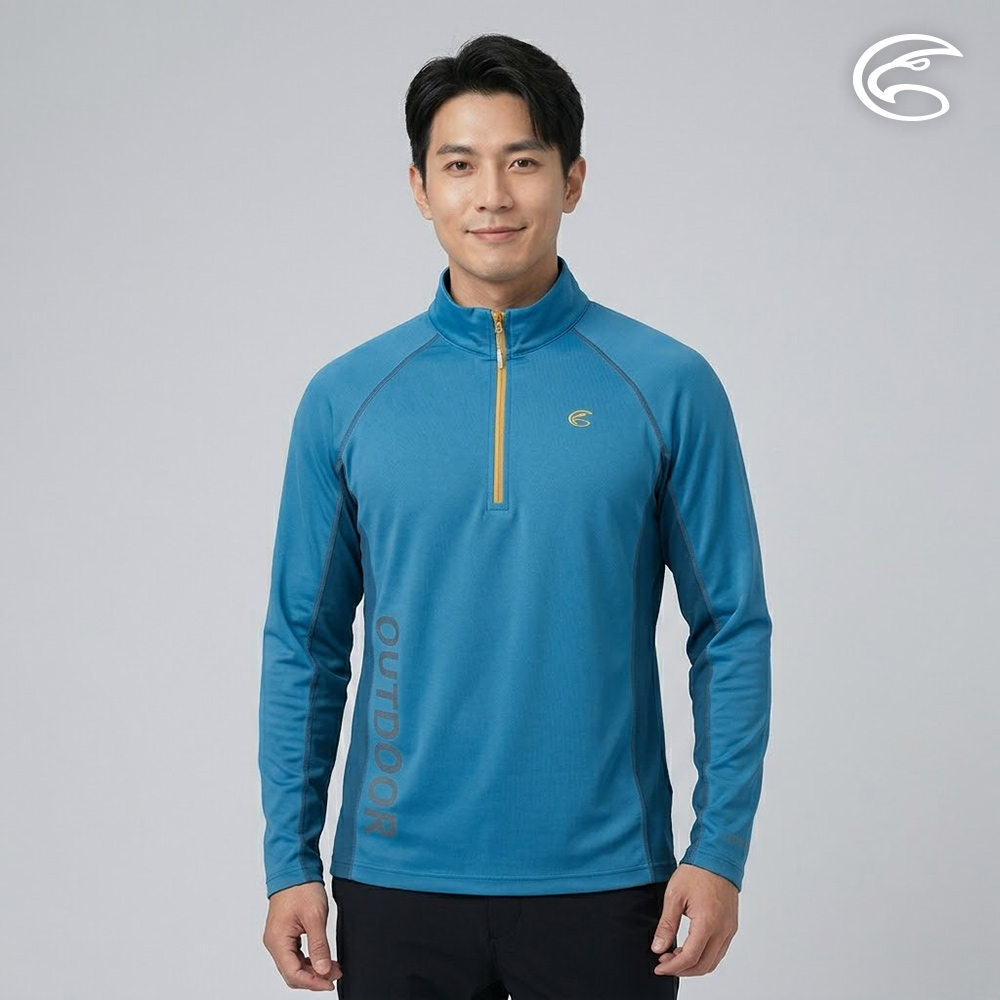 ADISI 男UPF50+防曬抑菌半門襟長袖排汗衣	AL2611007 中藍 (S-3XL)｜抗UV 吸濕排汗 防臭 彈性 上衣