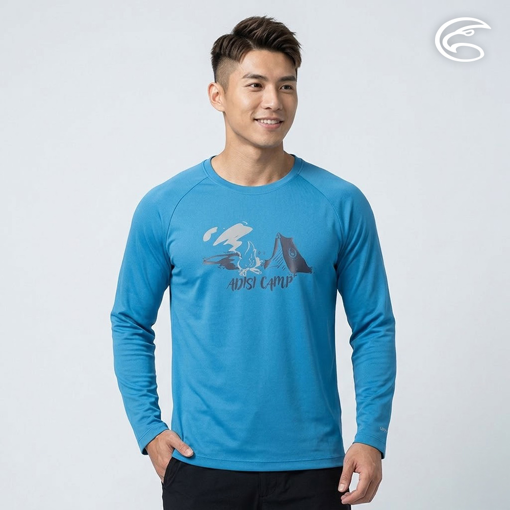 ADISI 男UPF50+防曬抑菌圓領圖騰長袖排汗衣 AL2611011 中藍 (S-2XL)|抗UV 吸濕排汗 防臭 彈性 上衣