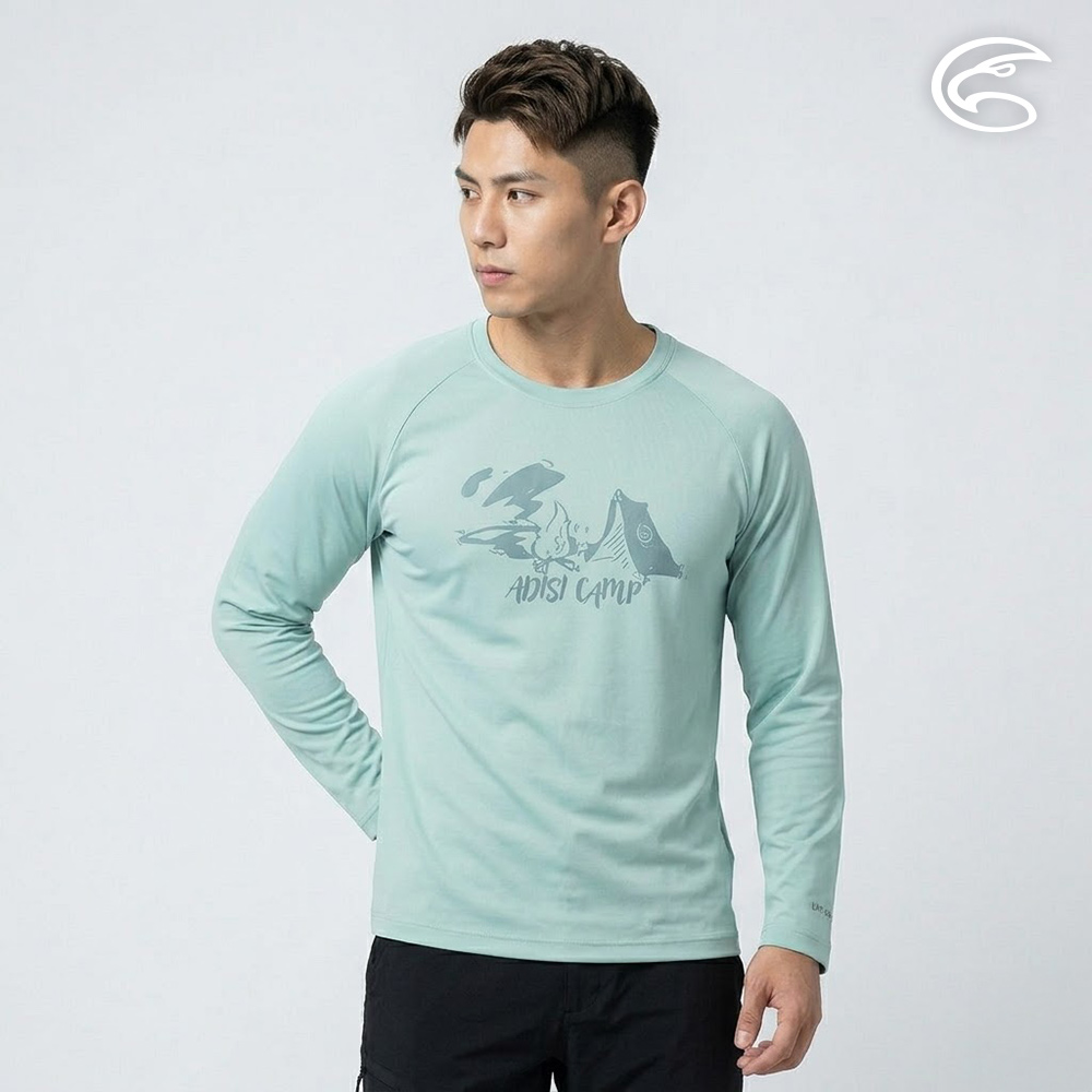 ADISI 男UPF50+防曬抑菌圓領圖騰長袖排汗衣 AL2611011 溫莎綠 (S-2XL)|抗UV 吸濕排汗 防臭 彈性 上衣