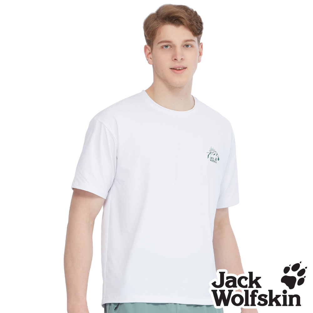 Jack Wolfskin 男 涼感圓領排汗衣 挺版寬鬆 等高線狼爪印花『白』