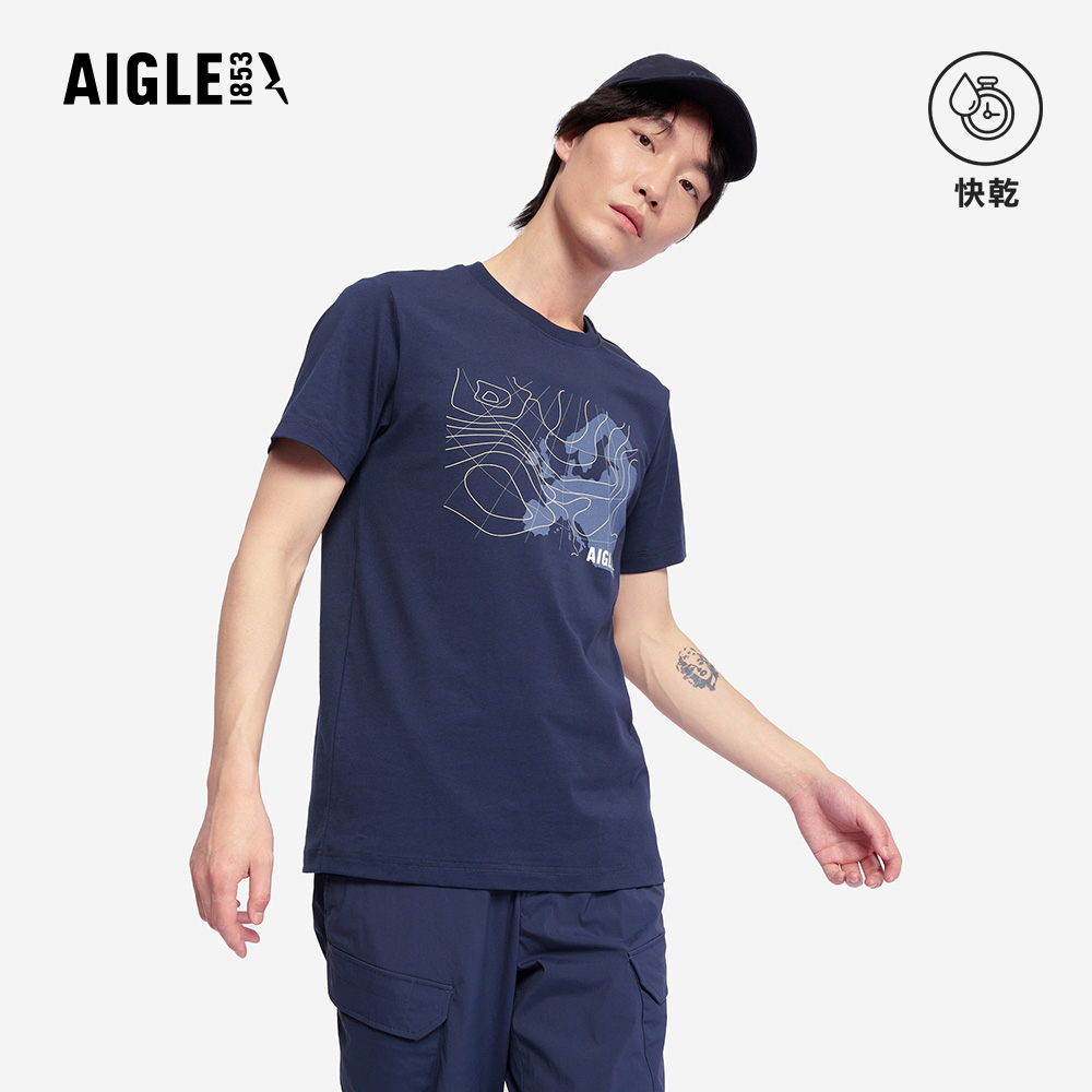 AIGLE 男 快乾抗菌短袖T恤|AG-5P119A057 深藍(男 上衣 男 T恤 抗菌抑臭 吸濕快乾 有機棉)