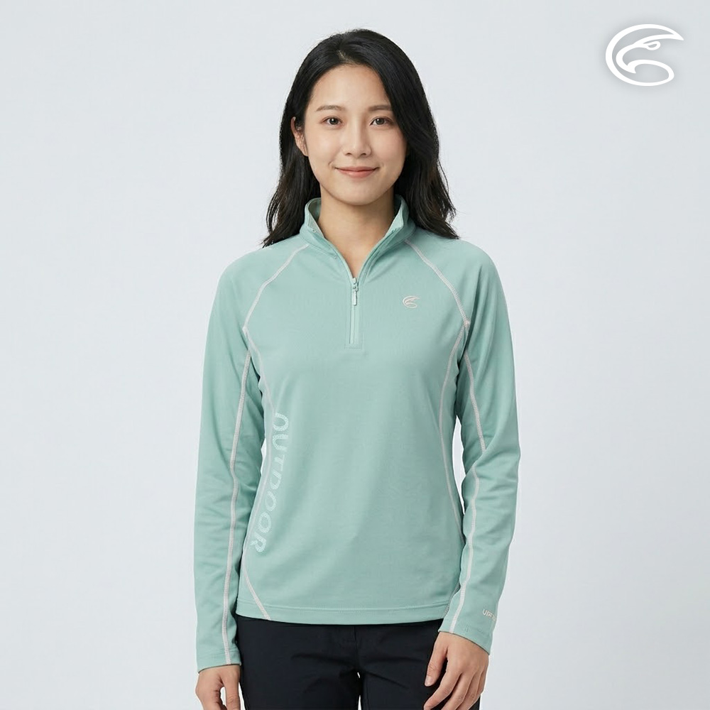 ADISI 女UPF50+防曬抑菌半門襟長袖排汗衣 AL2611008 溫莎綠 (S-XL)|抗UV 吸濕排汗 防臭 彈性 排汗衣