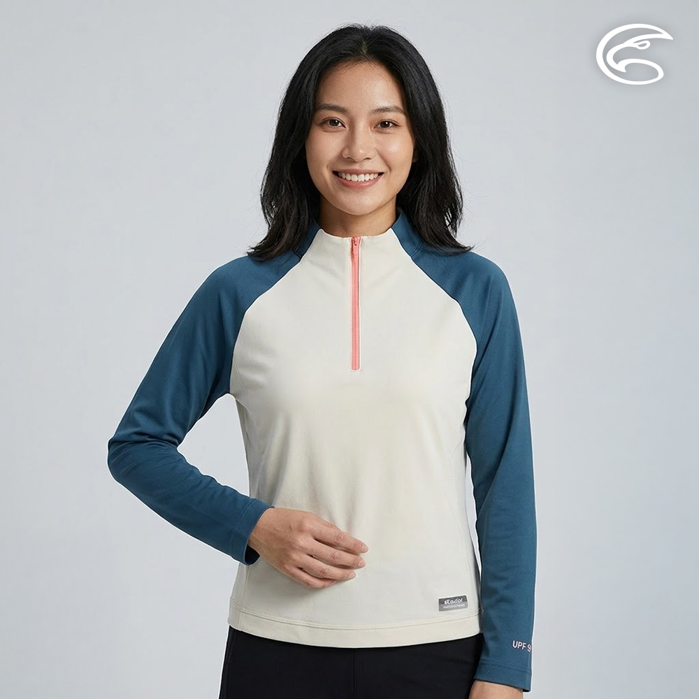 ADISI 女UPF50+防曬抑菌半門襟長袖排汗衣 AL2611009 象牙白 (S-2XL)|抗UV 吸濕排汗 防臭 彈性 排汗衣