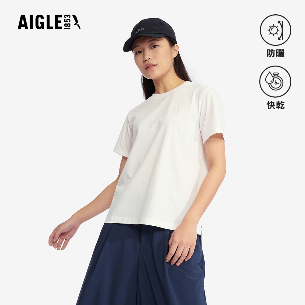 AIGLE 女 抗UV快乾短袖T恤｜AG-5P224A131 米白(女上衣 T恤 快乾 吸濕排汗 短袖T恤 防曬 抗UV)