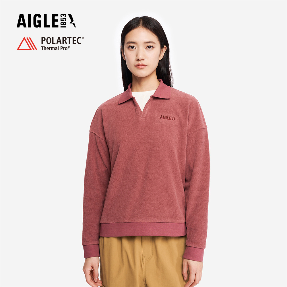 AIGLE 女 POLARTEC 刷毛POLO衫|AG-5A241A023 酒紅 (女長袖上衣 POLO衫 罩衫 保暖上衣 刷毛衣)