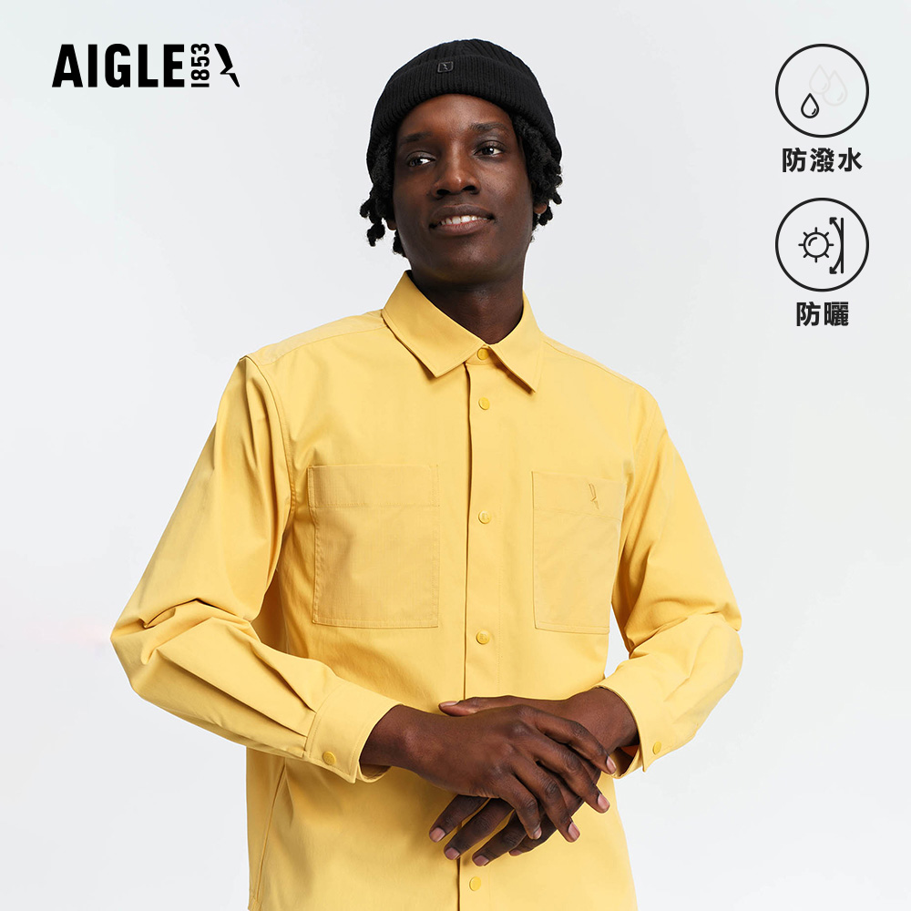 AIGLE 男 抗UV防潑長袖襯衫|AG-5A146A243 鵝黃 (男襯衫 抗UV 防曬襯衫 防潑水 長袖襯衫)