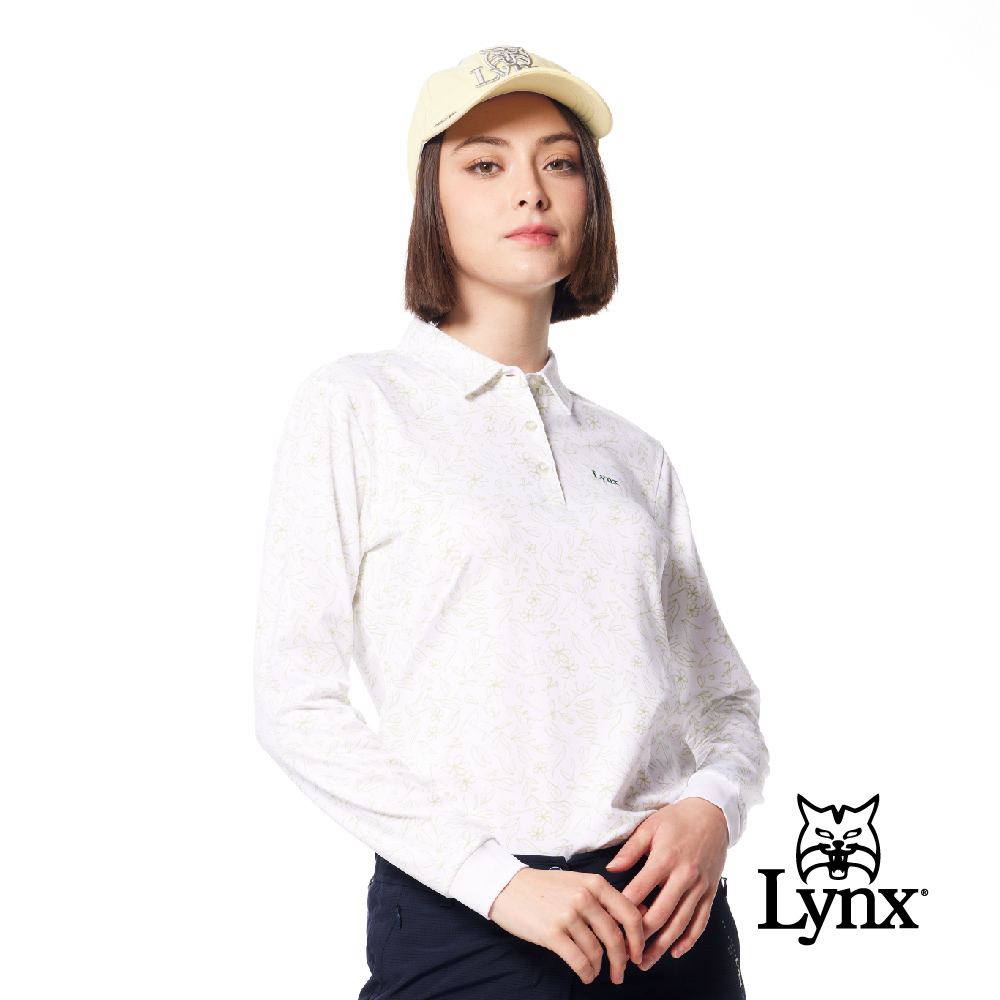 Lynx Golf 女款吸濕排汗滿版花草葉木高爾夫元素線條印花繡花款長袖POLO衫/高爾夫球衫-草木綠色