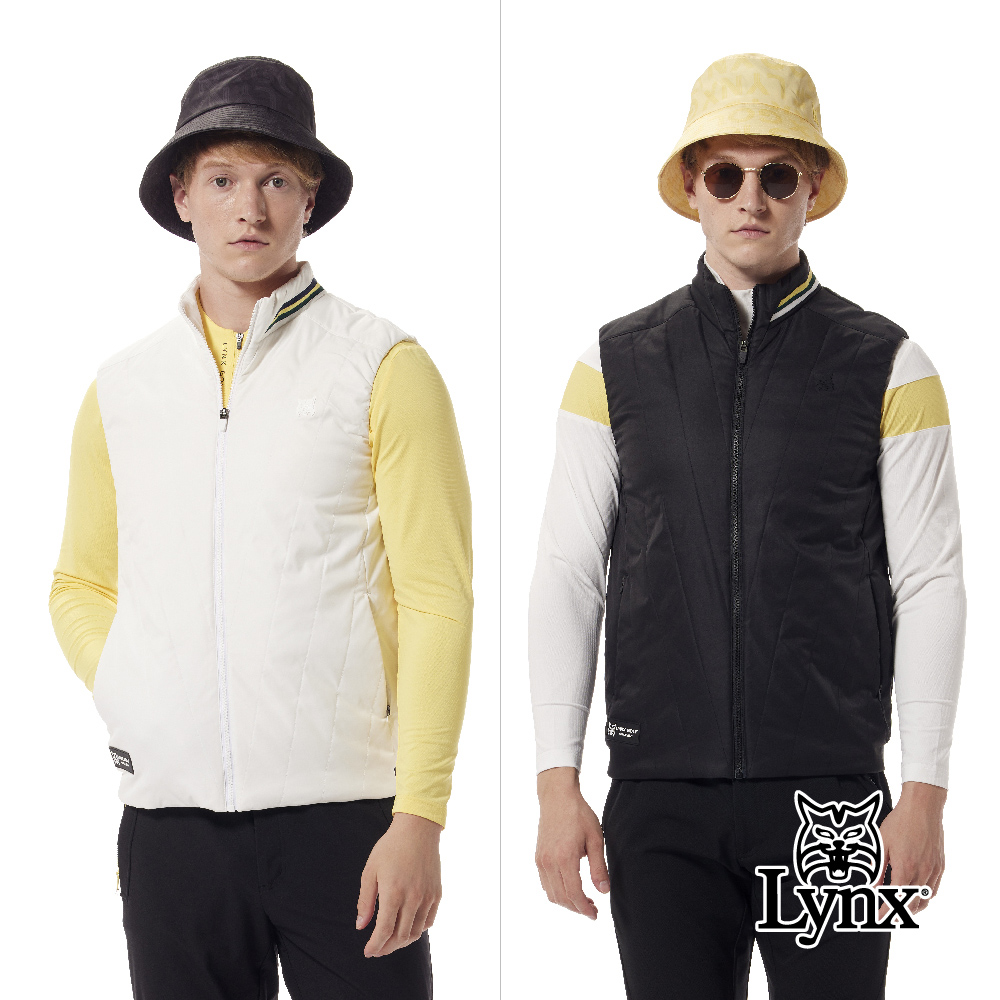 Lynx Golf 【首爾高桿風格】男款防風鋪棉刷毛保暖造型壓線配條羅紋設計拉鍊口袋無袖背心(二色)