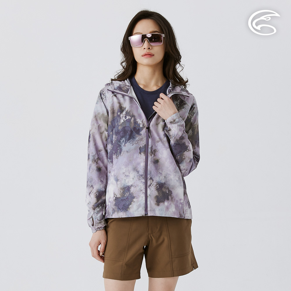 ADISI 女COOL鈦降溫抗UV撥水連帽印花外套 AJ2511019 斑駁紫棕 (S-XL)