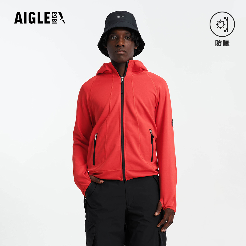 AIGLE 男 抗UV連帽外套｜AG-5A302A010 紅色 (滑雪外套 男外套 抗UV 防曬外套 彈性外套 薄外套)