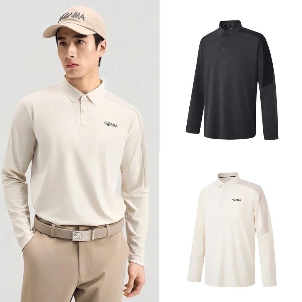 HONMA 本間高爾夫 男款透氣長袖polo衫 2026秋冬款 日本高爾夫專業品牌(L-2XL 米白/深灰 HMMC705R365)