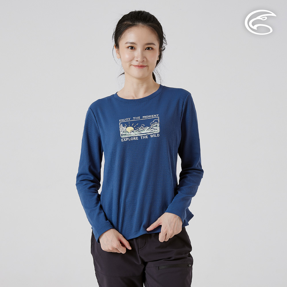 ADISI 女智能纖維速乾長袖圖騰上衣 AL2521084 深海藍 (S-2XL)|單向導濕 快乾 吸濕排汗 透氣 環保