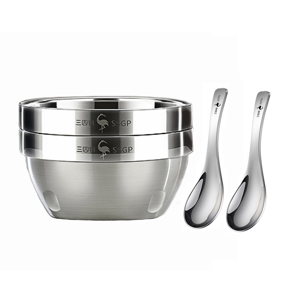 PUSH! 餐具304不銹鋼碗2入12cm碗附湯匙飯碗碗可疊放湯碗防燙飯碗E211