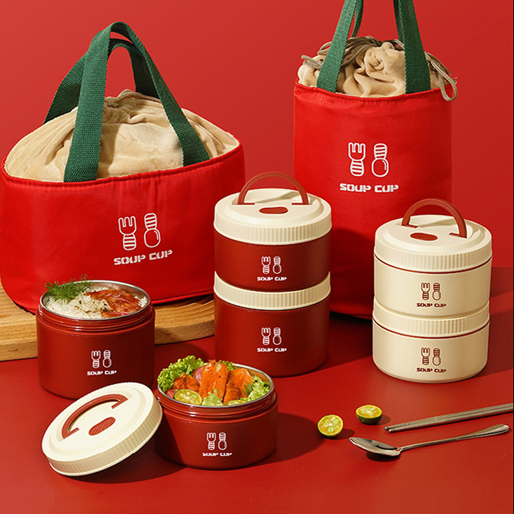 SUNORO 新年主題 不鏽鋼保冷保溫便當盒 保溫盒 保鮮盒 飯碗 湯碗 新年禮物 交換禮物（450ML+650ML+便當提袋）