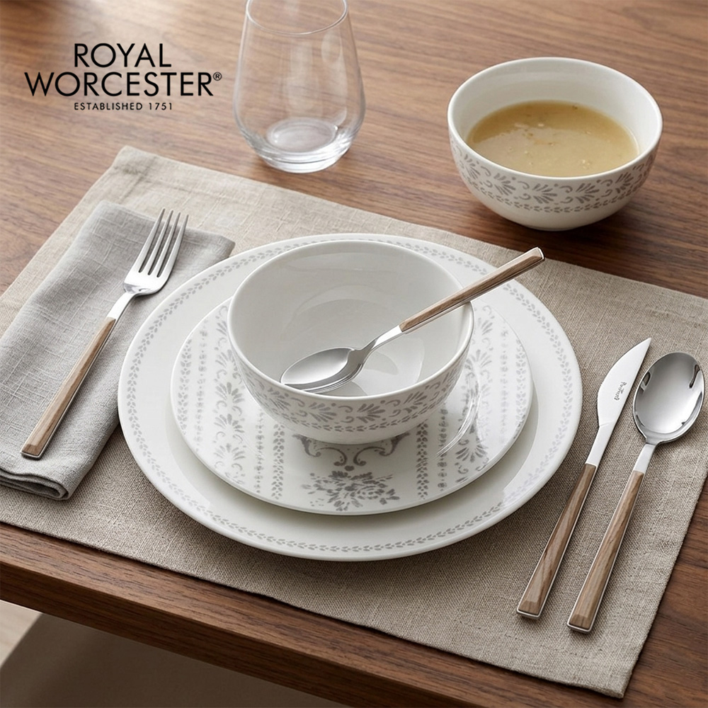 英國Royal Worcester SOLITAIRE Regency 圖騰花卉 餐盤/餐具5件禮盒組