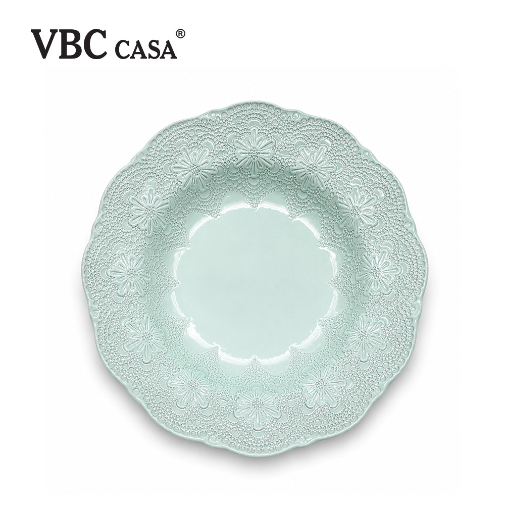 VBC casa 義大利 手工浮雕蕾絲系列 蒂芬妮綠 32cm沙拉碗