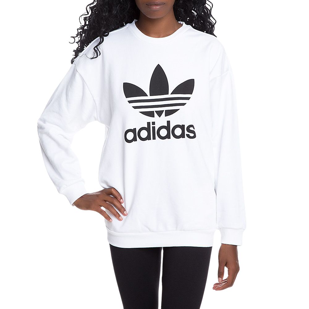 adidas 愛迪達 女款大學T 裏刷毛寬鬆版 Crewneck Sweatshirt BP9498｜白色大 Trefoil LOGO 標誌 BP9498