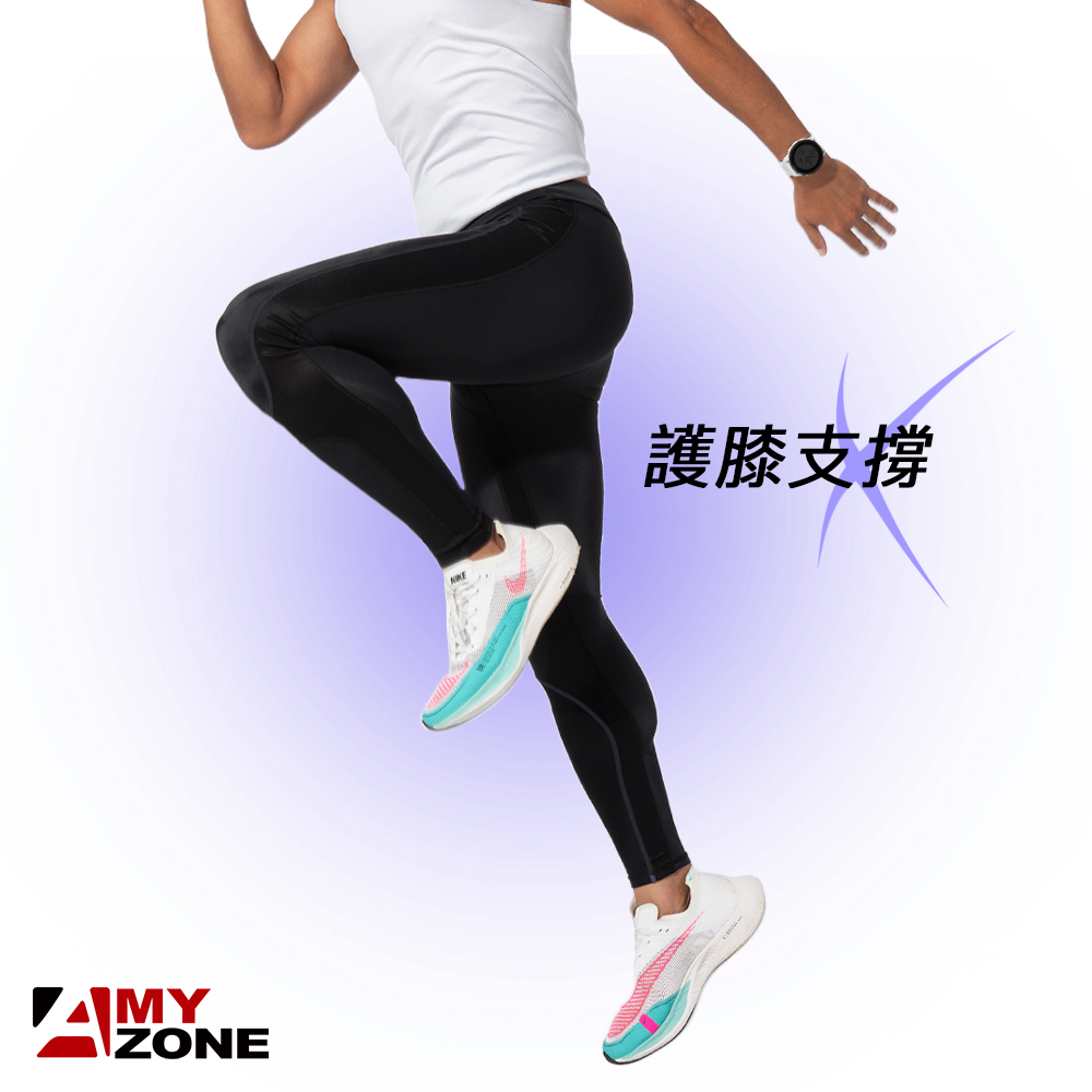 A-MYZONE 男款高彈性萊卡經典護膝壓力褲-軍綠線條