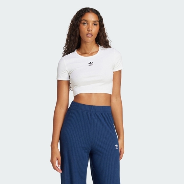 adidas 愛迪達 Adidas Ess Rib Tee JC9026 女 T恤 短版上衣 運動上衣 休閒短袖 白 黑 亞版