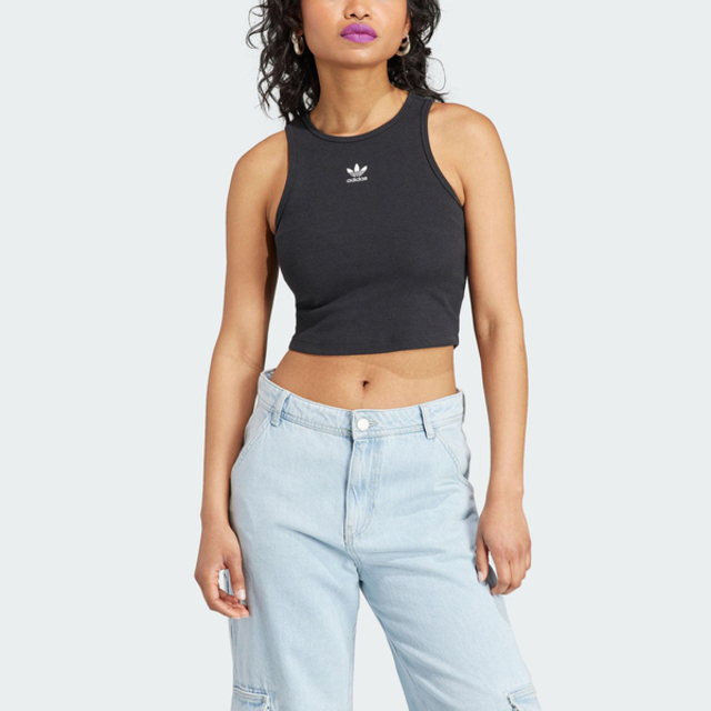 adidas Originals Adidas Rib Tank IJ8251 女 短版 背心 亞洲版 經典 三葉草 休閒 復古 羅紋 修身 黑