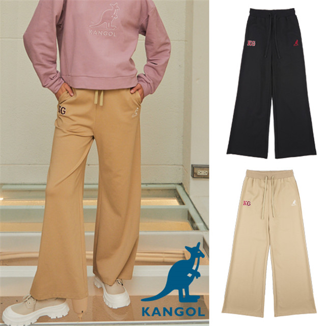 KANGOL 長褲 黑 卡其 刺繡 休閒寬褲 女 63521502-