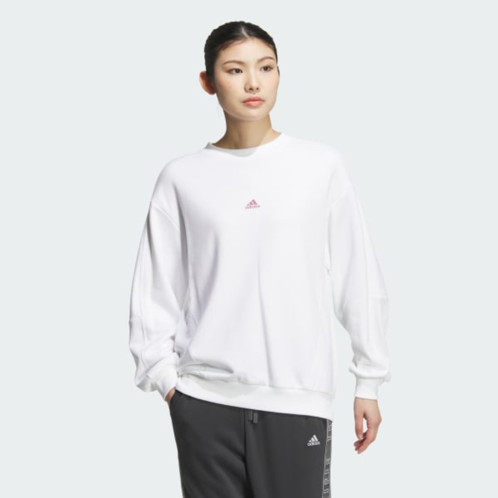 adidas 愛迪達 WORD FT CREW 圓領套頭衫 女款 大學T 寬鬆 白色-JG8174