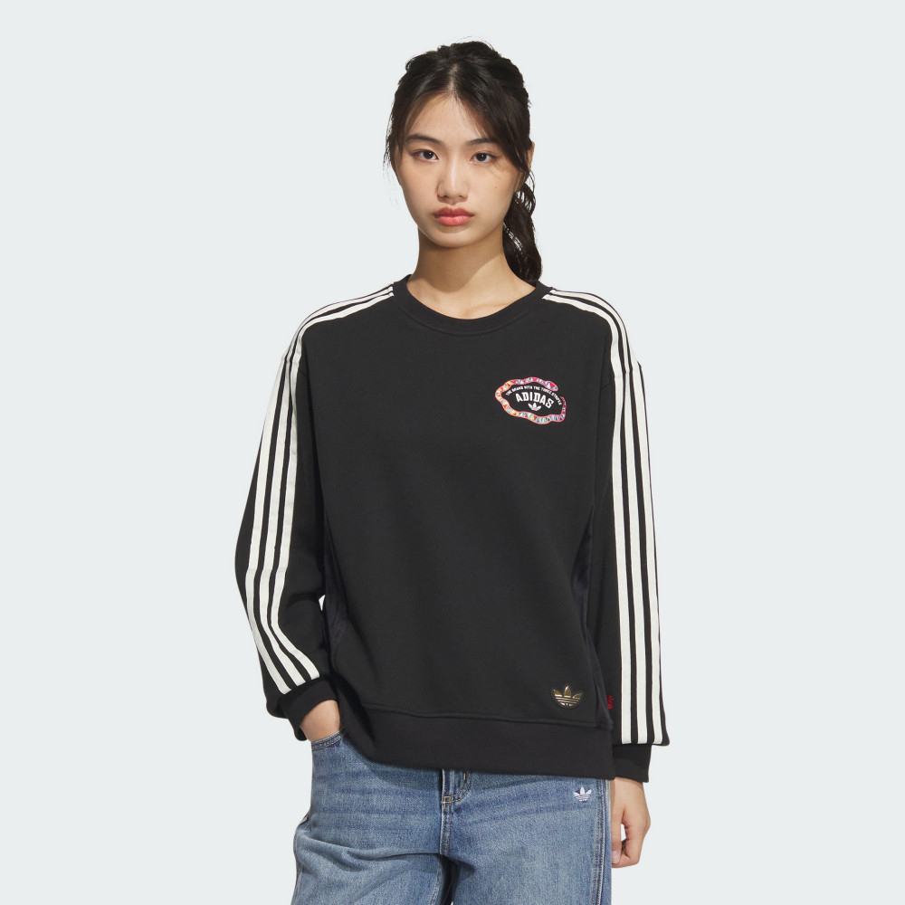 adidas 愛迪達 LNY W CREW 圓領套頭衫 女款 大學T 黑色 新年 蛇年-JL8423