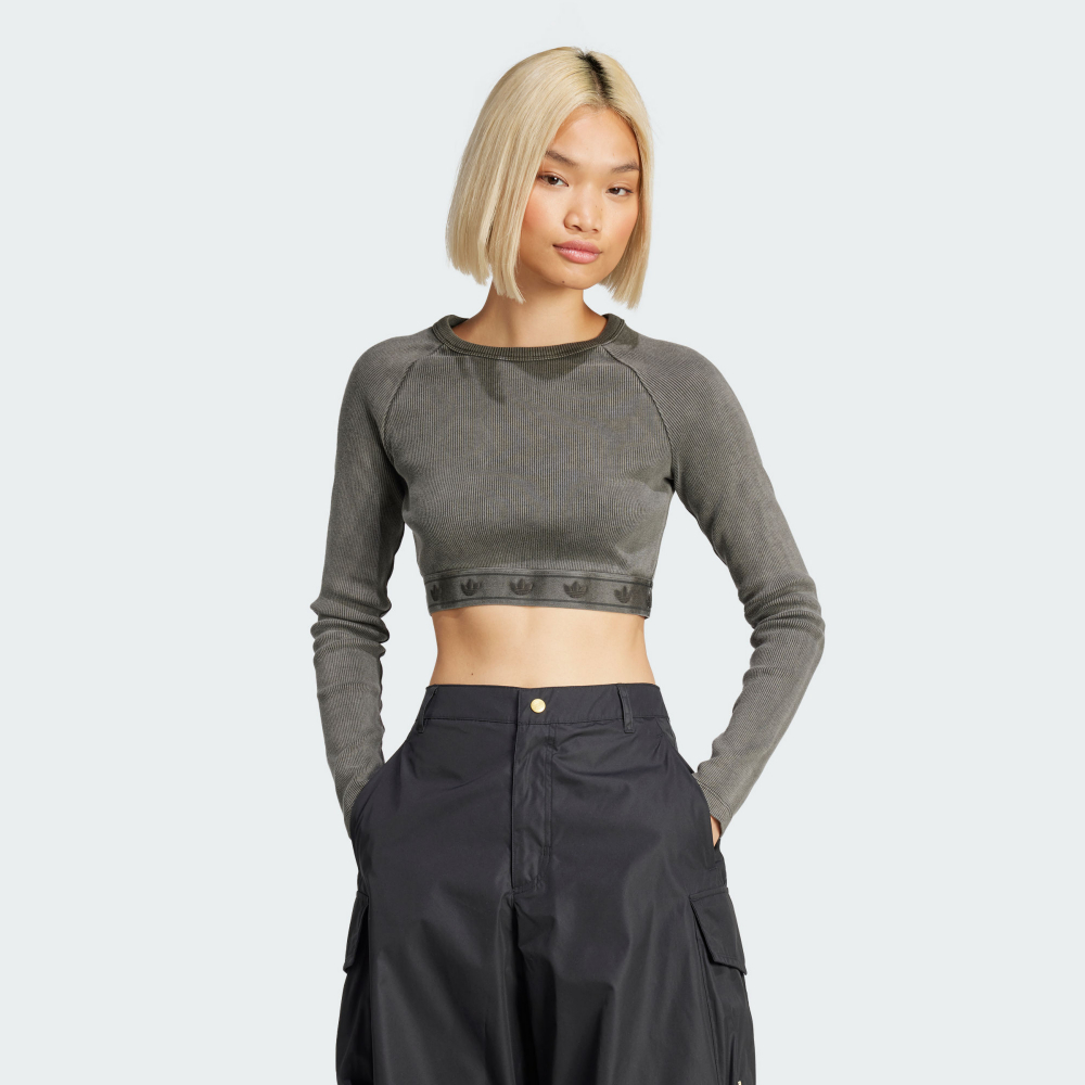 adidas 愛迪達 RIB LS TOP 長袖上衣 女 短版 灰色-JD0014