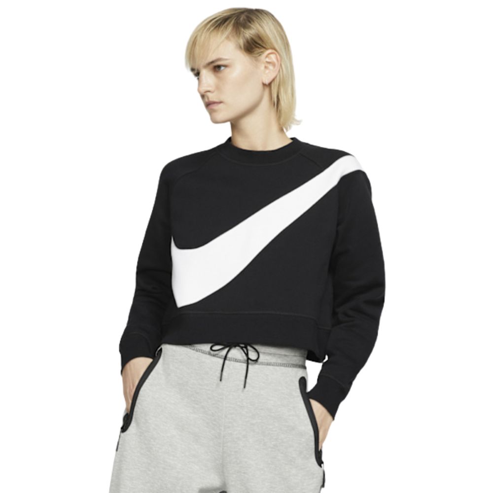 NIKE 耐吉 Swoosh logo大勾 短版 內刷毛絨 大學T 黑 長袖 經典logo設計 BV3934-011
