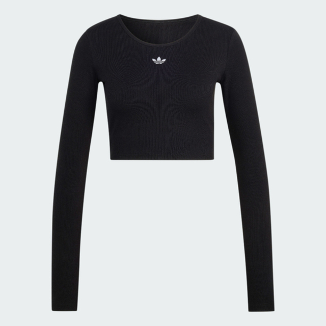 adidas 愛迪達 Adidas 愛迪達 Ess Rib Crop Ls KR1098 女 長袖上衣 休閒長袖 短版 黑