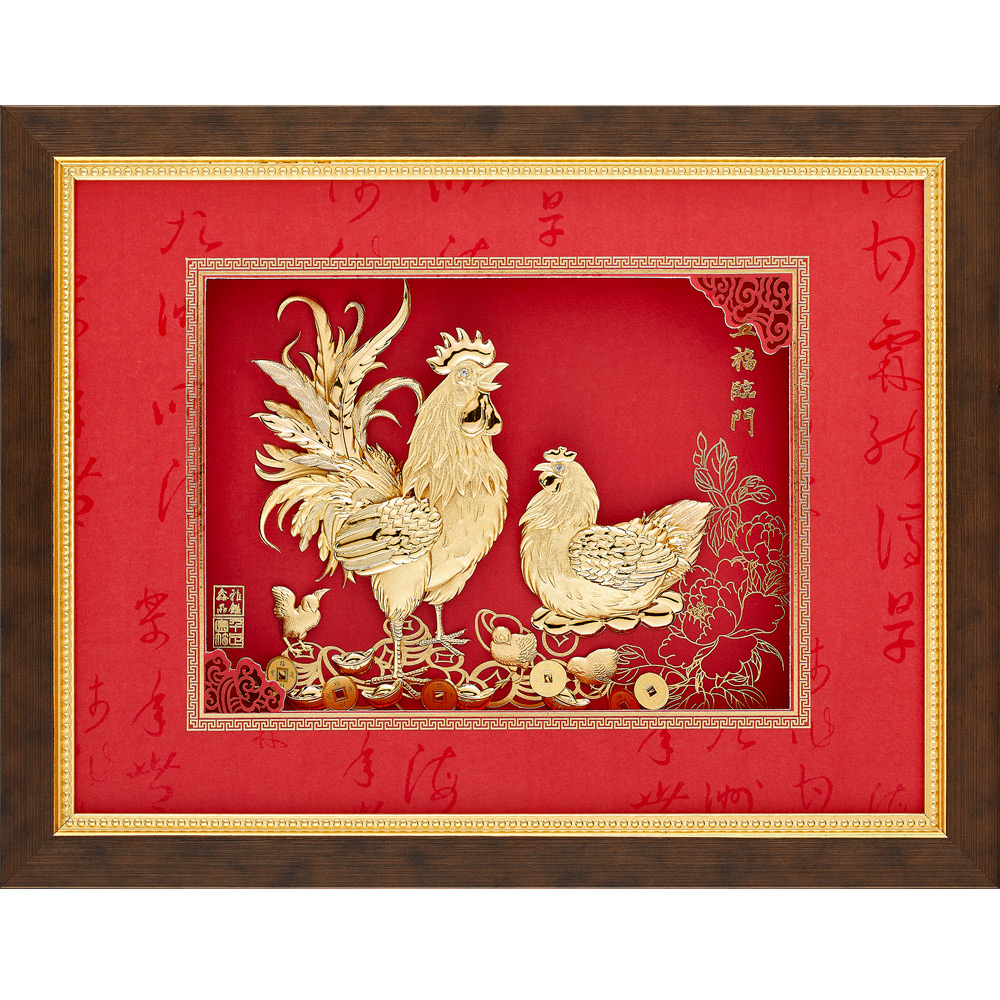 開運陶源 金箔畫 純金鴻福系列 金雞(五福臨門).33x26cm