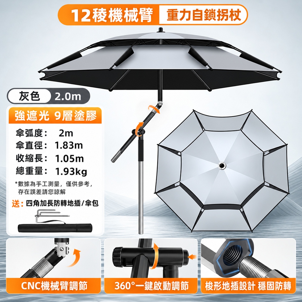 【匯昇閣】釣魚傘 2.0米戶外露營遮陽傘 加厚黑膠防曬雨傘 野釣專用釣傘(加厚黑膠 重力自鎖)