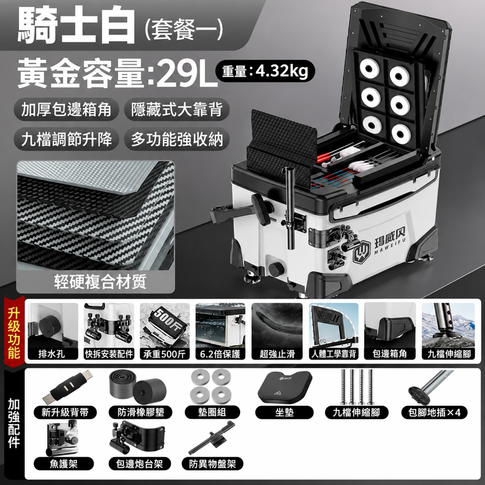 【匯昇閣】釣箱 全套多功能釣魚箱 臺釣箱 無輪超輕漁具裝備拐角三件套(隱藏靠背 九檔升降)